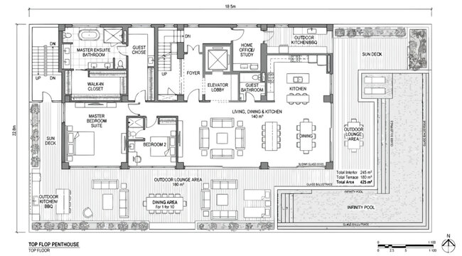 Detailed floor plan of a highend penthouse with private elevator and infinity pool