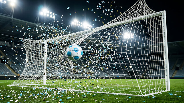 Dynamic Action Photography Of A Striped Soccer Ball Bulging A Net With Light Blue And White Confetti