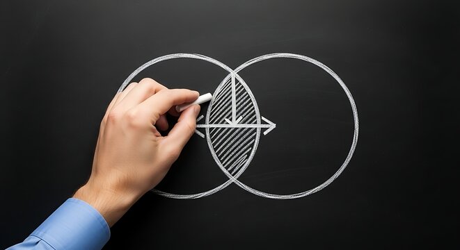 Hand drawing intersecting circles on blackboard