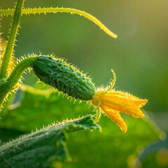 Fototapeta premium Young plant cucumber with yellow flowers. Juicy fresh cucumber close-up macro on a backgroun