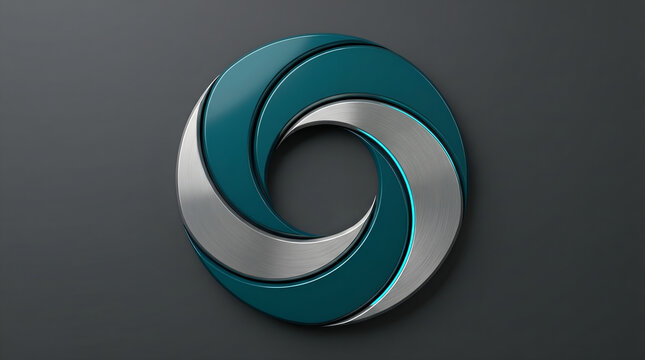 Modern 3D circular swirl logo icon with metallic silver and teal blue interlocking curved segments on a dark grey background.