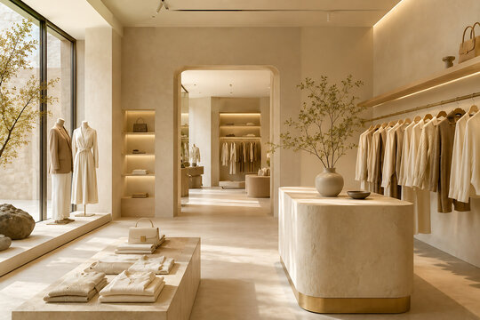 A bright, minimalist boutique interior displays clothing on racks and mannequins within a modern retail space.