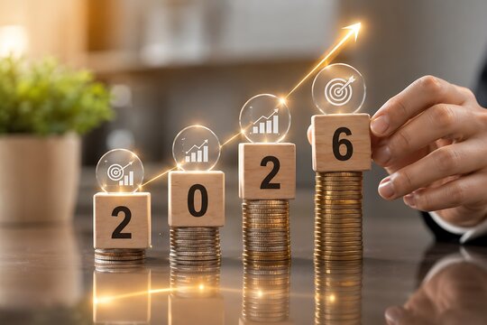 Business growth concept with 2026 wooden blocks and glowing light bulbs representing annual financial performance. end of financial. year and tax deadline business offer fy 30 june