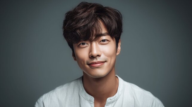 Portrait of a handsome Korean man with stylish hair and a gentle smile