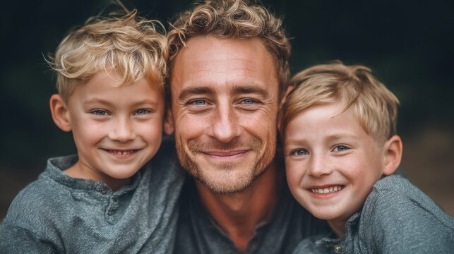 Happy father and his two young sons smiling together in a close-up portrait