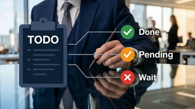 Businessman holding a digital todo list with status icons in office