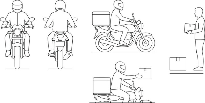 Motorcycle delivery service line art icons, courier on motorbike with cargo box vector set, fast shipping and logistics outline illustrations