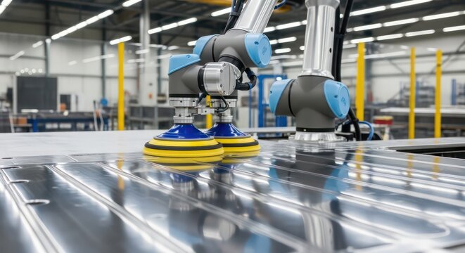Robotic Arm with Suction Cups Engaged on a Shiny Metallic Surface in a Factory Setting.