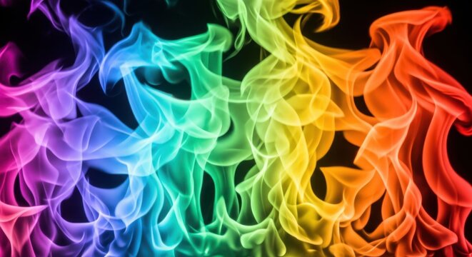 Vibrant rainbow flames dance against a dark background in abstract art