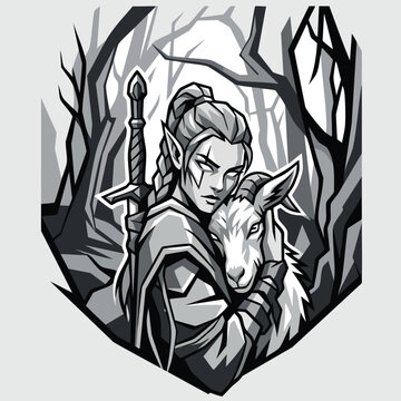 Elf Forest Ranger with Spear and Deer Shield Badge Vector Illustration