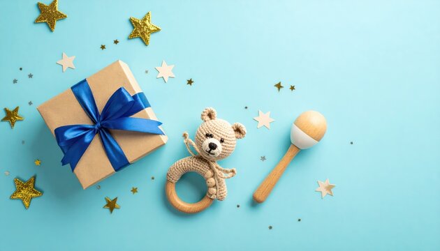 Baby Shower Gift and Toys on Blue Background.