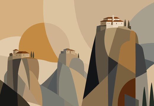 Abstract geometric illustration of Meteora monasteries in Greece