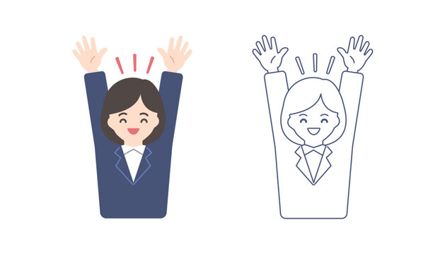 バンザイをするスーツ姿の女性のイラスト