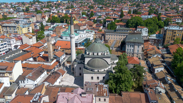 Sarajevo - Bosnia and Herzegovina, May 30, 2026, Aerial panoramic view of historical Gazi Husrev-beg mosque and clock tower in Bascarsija, Sarajevo