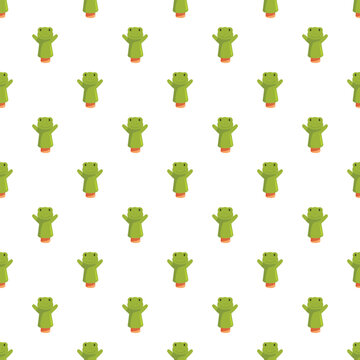 Cartoon frog hand puppets creating a fun seamless pattern on a white background