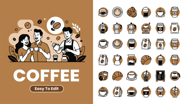Coffee shop icon set and barista illustration, brown cafe branding elements, 36 linear coffee icons for menu design and web