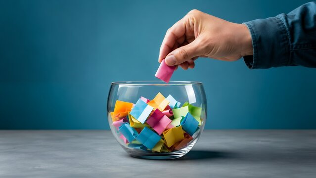 Hand Placing Colorful Paper Notes into Glass Bowl on Blue Background &ndash; Choice, Decision Making, Lottery, Voting and Random Selection Concept