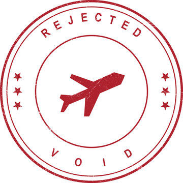 Circular red stamp with the word 'REJECTED' and 'VOID' printed around it with a small airplane icon in the center, symbolizing denial of travel or entry