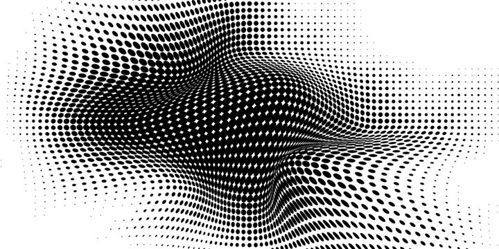 An abstract, irregular black shape composed of halftone dots. The dots are dense in the center and dissipate outwards, creating a gradient, grunge, and dissolving effect.