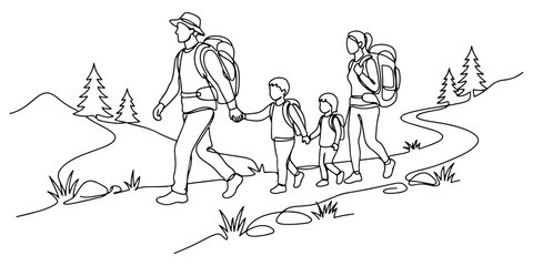 Fototapeta premium Family hiking along a nature trail symbolizing adventure, exploration, and healthy family activities, line art style vector illustration.