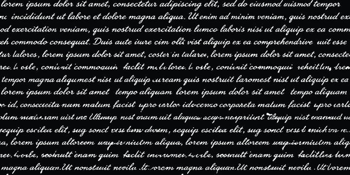 White cursive handwritten text pattern with lorem ipsum placeholder words on a solid black background texture