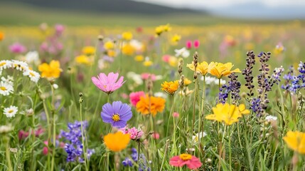 Obraz premium Wildflower meadow in full bloom, colorful, vibrant, natural beauty,
