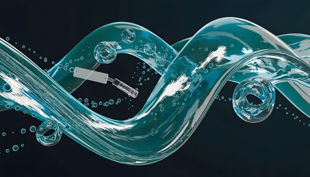 Abstract DNA helix made of flowing water against dark background