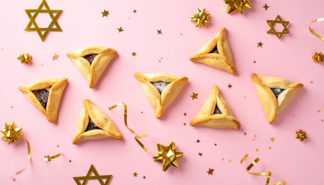 Hamantaschen Cookies on Pink Background with Stars.