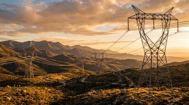 High voltage electrical transmission tower in mountain landscape at sunset. Power line pylon supplying electricity. Infrastructure and industrial energy network concept for sustainability.