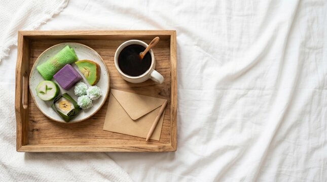 Traditional indonesian kue jajanan pasar with coffee on tray