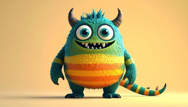 Cheerful Monster with Horns and Colorful Fur Standing Against a Yellow Background.