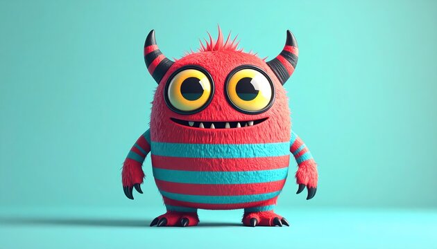 Cute cartoon monster with big eyes and horns, standing on a blue background.