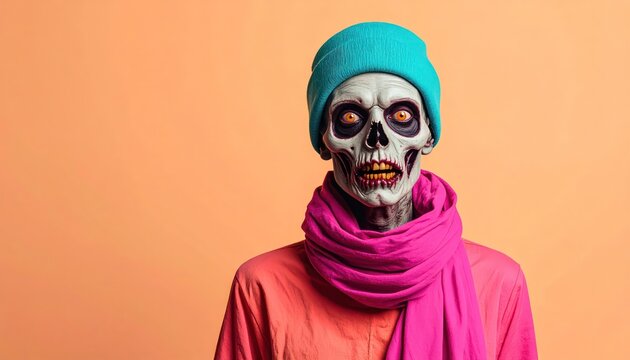 Spooky Halloween Portrait - Zombie with Teal Hat and Pink Scarf Against Orange Backdrop.
