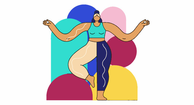Colorful illustration of a joyful woman dancing with arms raised.