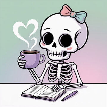 Cartoon skeleton with bow drinking coffee and writing in notebook transparent background