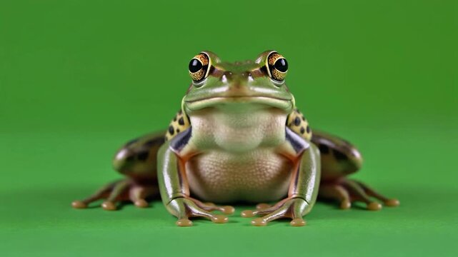 Macro Close Up of Green Frog Sitting and Staring Forward on Chroma Key Green Screen Background