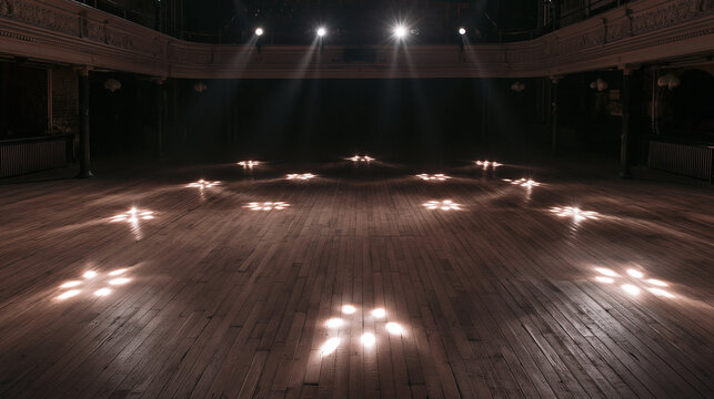 footlights. An empty theater with a wooden stage, softly lit by recessed footlights. real-estate listings, architecture portfolios, designed for interior renovation comparisons for interiors.