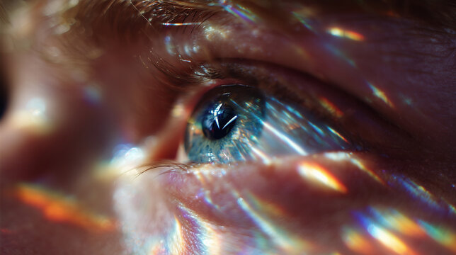 Macro close-up of human eye with prismatic rainbow reflections, shallow depth of field and moody lighting