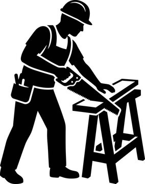 Man in hard hat using handsaw to cut wood on sawhorses
