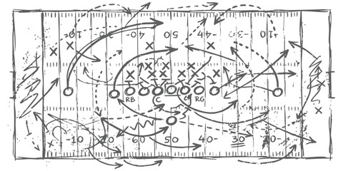 Fototapeta premium Hand drawn american football play diagram with strategic arrows and player positions on a field sketch