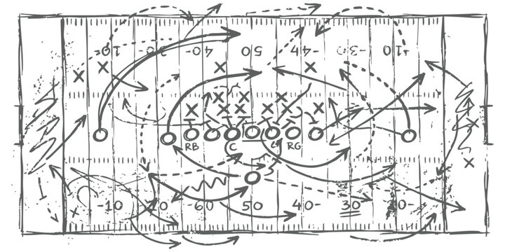 Hand drawn american football play diagram with strategic arrows and player positions on a field sketch