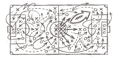 Hand drawn soccer football field tactic board with arrows and player positions for a professional game strategy © GraphixEra