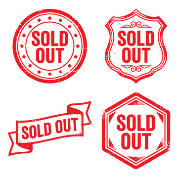 Set of four red distressed "Sold Out" rubber stamp icons with circular, shield, ribbon, and hexagonal shapes. Isolated on white background