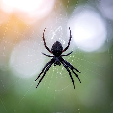 Black spider in a web outdoors.