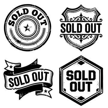 Collection of four unique 'Sold Out' rubber stamp-style graphics for retail, events, and sales promotions