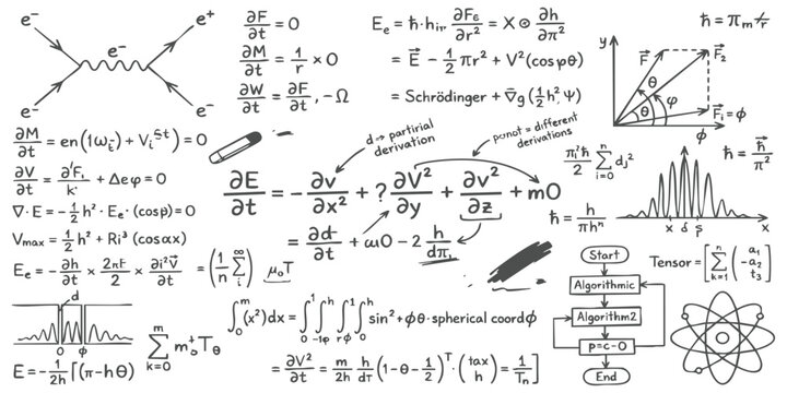 Handwritten physics equations and science formulas sketches with complex math diagrams on a paper background