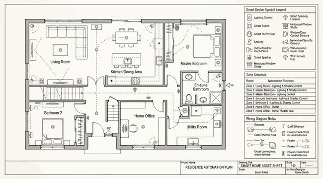 Residential smart home automation floor plan with wiring diagram and device legend