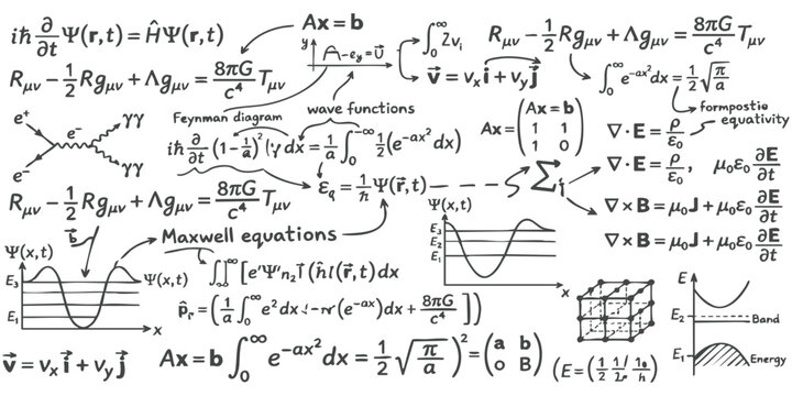 Complex physics and mathematics formulas handwritten on a page showing scientific equations and wave diagrams