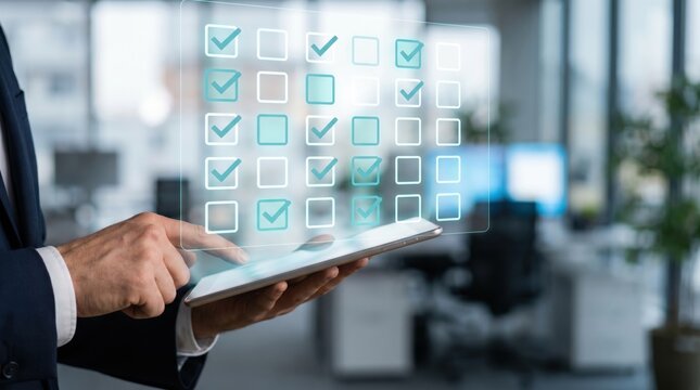 Digital Audit and Task Management Concept: Businessman Reviewing Data with Floating Holographic Checkbox Document Interface over Tablet in Contemporary Workspace