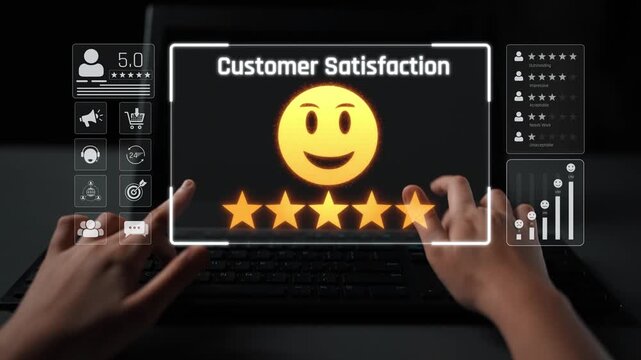 Customer feedback and satisfaction rating system showing star review, happy face, performance score, and service evaluation to improve customer experience Marrow